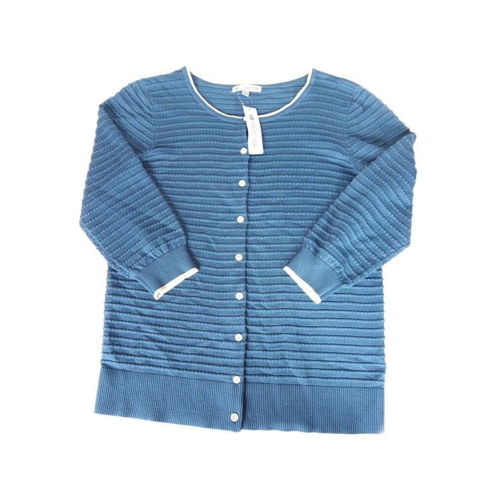 Blue Cardigan Sweater with Cream Details
